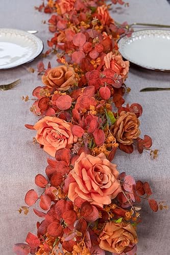 Anna's Whimsy 5.91FT Artificial Eucalyptus Garland with Flowers, Fall Decor Fake Rose Gypsophila Garland, Fall Flower Faux Floral Garlands for Wedding Home Party Table Runner(Orange, 1) by AnnasWhimsy