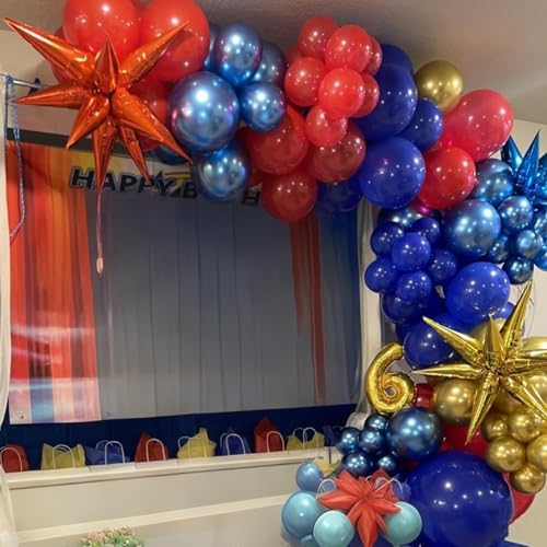 Red Blue Gold Balloons Arch Royal Blue Red Gold Balloons Garland Metallic Blue Gold Latex Balloons with Explosion Star Foil Balloon Gold Long Balloons for Birthday Party Decorations Superhero Circus - Image 2