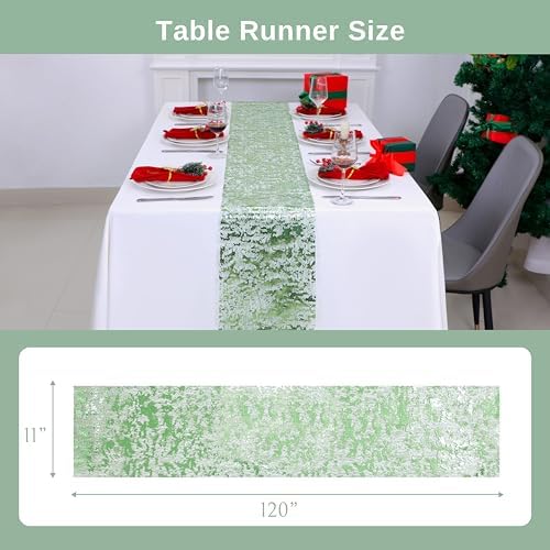 Snowkingdom Sage Green Table Runner, Sequin Glitter Foil Metallic Sage Green Mesh Spring Table Runner 11inch x 240inch,Table Decorations for Party Wedding Bridal Birthday Shower Christmas - Image 5