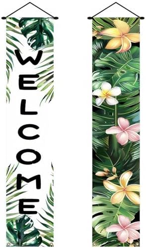 BlissYard 2pcs Welcome Summer Door Banner Hawaiian Porch Banners Sign Summer Sunshine Hibiscus Floral Front Door Hanging Decor Banner for Seasonal Home Hawaii Tropical Party Outdoor Decorations by BlissYard