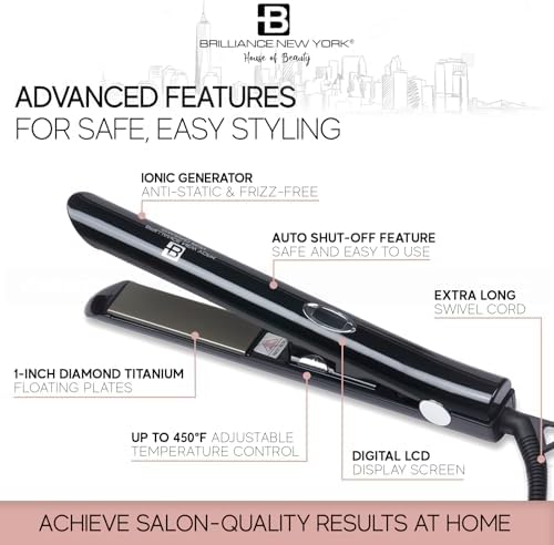Brilliance New York - 1 Inch Diamond Titanium Flat Iron - 2 in 1 Hair Straightener and Curler - Anti-Static, Frizz-Free Ionic Plates - Auto Shut-Off Dual Voltage Flat Iron w/LCD Display - Image 2