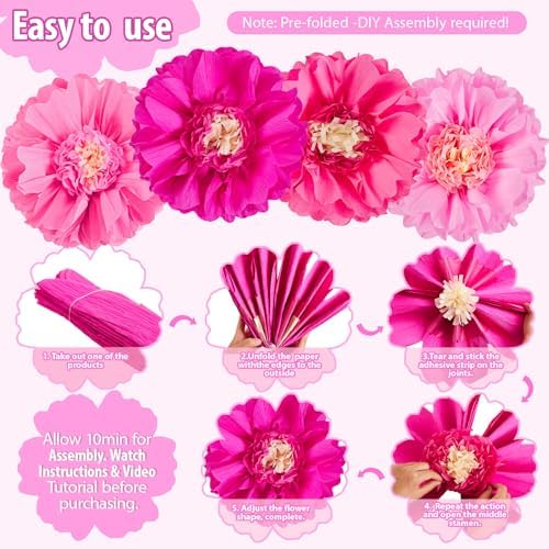 SUNBEAUTY 20" Giant Pink Paper Flowers 4 PCS Large Crepe Tissue Paper Flowers Pink Party Decorations for Girl Women Birthday Spring Garden Wedding Flower Backdrop Wall Bridal Shower Nursery - Image 2