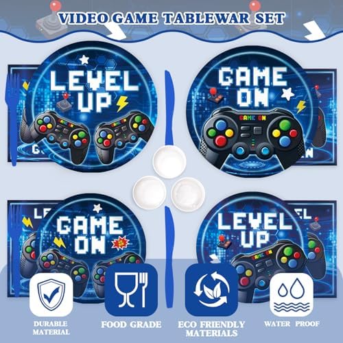196 Pcs Video Game Birthday Party Decorations (Serves 24), Game Party Tableware Include Banner Hanging Plates Napkins Cups Forks Knifes Tablecloth Topper Balloons for Boy Party (Blue) - Image 4