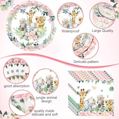 Funnymoom 452 Pcs Safari Birthday Party Supplies Include Jungle Theme Paper Plates Napkins Cups Tablecloth Cutlery Straws for Animal Safari Jungle Wild Birthday Baby Shower Party Decorations - Image 2