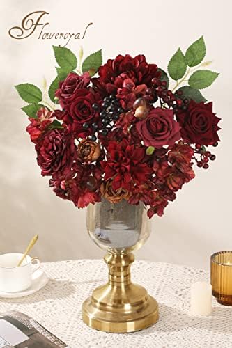 Floweroyal Artificial Flowers Combo Burgundy Flowers Mix Silk Flowers Dahlia Roses with Stems for DIY Wedding Bridal Bouquets, Baby Shower, Floral Arrangement, Table Centerpieces, Home Decorations. - Image 5