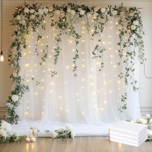 Tulle Backdrop Curtain with Lights 20x8FT White Sheer Tulle Curtains by Xiomot