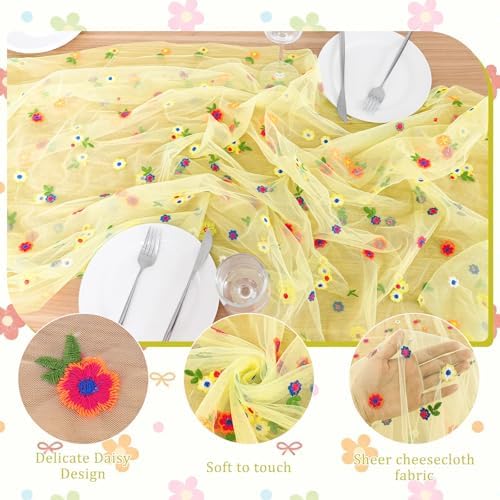 BINBE 3pcs Daisy Spring Table Runner Embroidery Gauze 10FT Florals Seasonal Tulle Holiday Birthday Kitchen Dining Table Decor for Home Party Yellow - Image 6