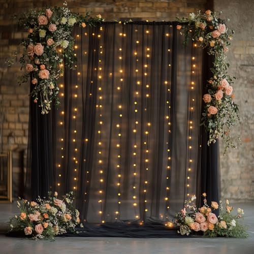 Tulle Curtain Backdrop with Fairy Lights for Parites Wrinkle-Free Sheer Curtain Drapes Photo Back Drop for Wedding Halloween Baby Shower Bridal Shower Birthday Dance Home Décor- 10ft×8ft, Black by HOLITS