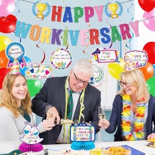 Work Anniversary Decorations: Happy Anniversary Banner Happy Anniversary Decorations with Hanging Swirls Honeycomb Centerpieces Balloons Office Employee Worker Appreciation Decor - Image 5
