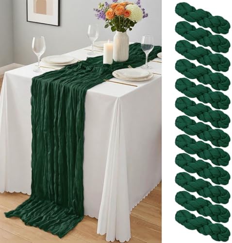 12 Pack Dark Green Cheesecloth Table Runner 10Ft, Christmas Table Runner 21.5 X 120 inch, Semi Sheer Cheese Cloth Fabric Boho Table Runner Bulk for Christmas Decorations,Bridal Shower,Wedding by Yemosa