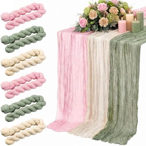 6pcs Sage Green & Pink Cheesecloth Table Runners 118" Boho Gauze by Windkream