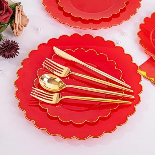 LIYH 210 Pcs Red Gold Scalloped Plastic Plates, Red Plates for Party - Image 4