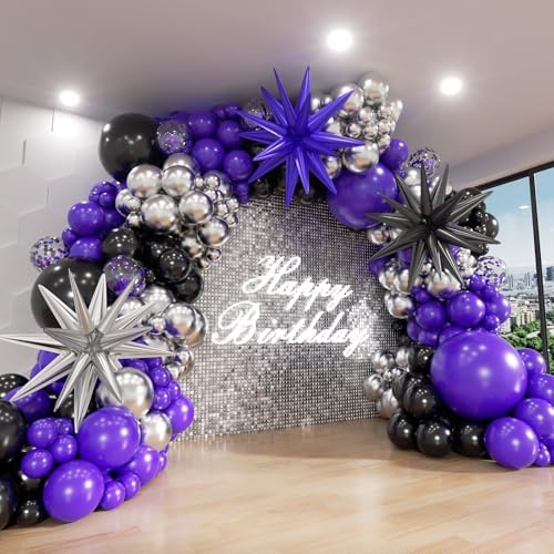 Purple and Black Balloon Arch Kit, 132Pcs Explosion Star Metallic Silver Purple Black Confetti Balloon Garland kit Different Size Balloons for Halloween Graduation Birthday Party Decorations by ADOINBY