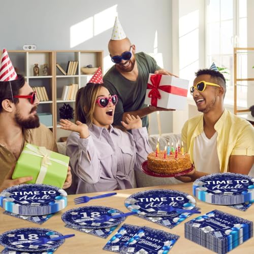 50 Guests 18th Birthday Party Supplies Decoration 18 Years Old Birthday Plates and Napkins Forks Time To Adult Tableware Blue Silver Happy 18th Birthday Party Paper Plates for Boys Girls Party 200PCS - Image 5