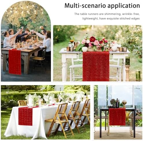10 Packs 12 x 72 inches Sequin Table Runner, Red Glitter Table Runner for Birthday Party Supplies Wedding Engagement Baby Shower Holiday Celebration Event Decorations - Image 6