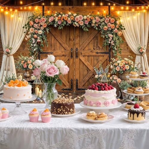 15x10ft Western Wedding Backdrop Rustic Barn Door Photography Backdrop Farmhouse Pink Flower Cabin Wooden Birthday Baby Shower Country Anniversary Bridal Party Banner Photo Booth Props Background - Image 4