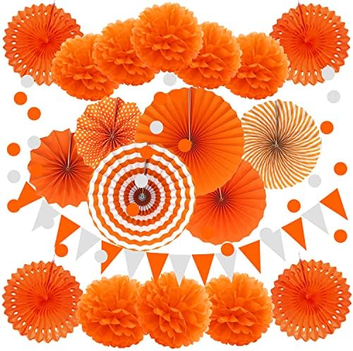 ZERODECO Party Decoration, 21 Pcs Orange Hanging Paper Fans Pom Poms Flowers, Garlands String Polka Dot and Triangle Bunting Flags for Minnie Mouse Birthday Parties Baby Showers Wedding by ZERODECO