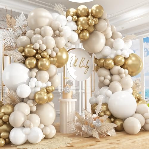 412pcs Sand White Gold Balloon Arch Kit, 18 12 10 5 Inch Different Size White Metallic Gold Latex Balloon for Boho Neutral Baby Shower Wedding Bridal Shower Birthday Decorations by PAXILE