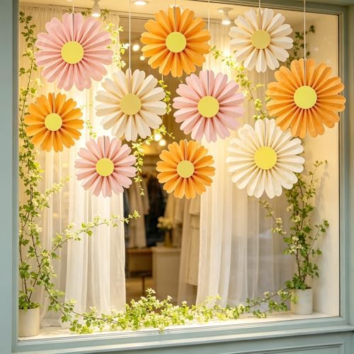 SUNBEAUTY 10 Pcs Daisy Paper Flowers Decorations Pink and Orange Flower Party Decorations Paper Fans Decor Hanging Paper Fans for Birthday Wedding Baby Shower Spring Garden Party Bulletin Board - Image 6