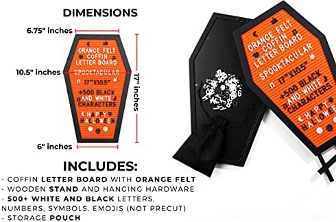 Nomnu Coffin Letter Board, Orange Goth Decor w/Bat Stickers, Spooky Emojis - Image 3