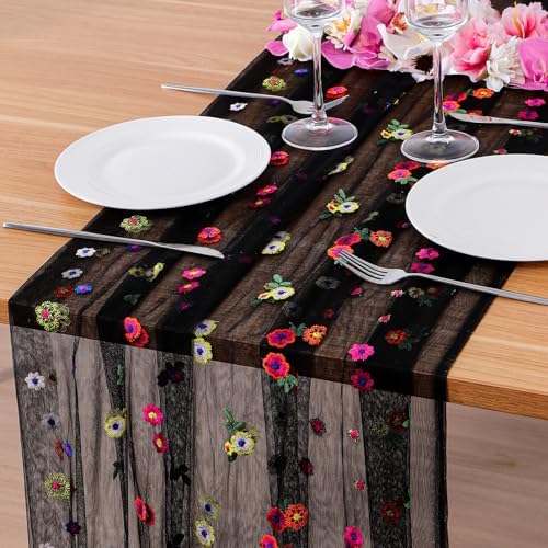 BINBE 1pcs Black Daisy Spring Table Runner Embroidery Gauze 10FT Florals Seasonal Tulle Holiday Birthday Kitchen Dining Table Decor for Home Party by BINBE