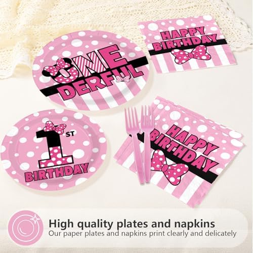 96Pcs Pink Mouse One Year Old Birthday Decorations, Serves 24 - Image 3