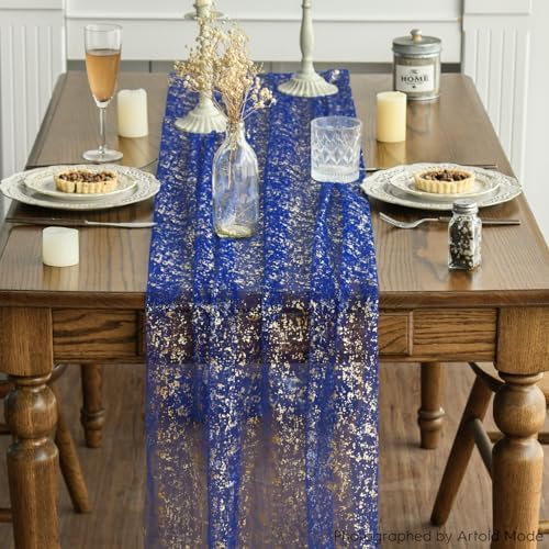 Artoid Mode 6PCS Blue Gold Gauze Table Runner 120 Inch 10FT, Glitter Metallic Foil Sheer Dining Wedding Anniversary Holiday Table Decor for Home Party - Image 2