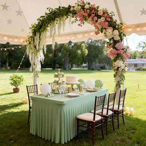 Wish Care 2 Pack Sage Green Spandex Table Clothes for 8 Foot Rectangle Tables, 8FT Wrinkle Free Fitted Tablecloths Ruffles Design Table Cloth for Party, Banquet, Wedding and Events - Image 7