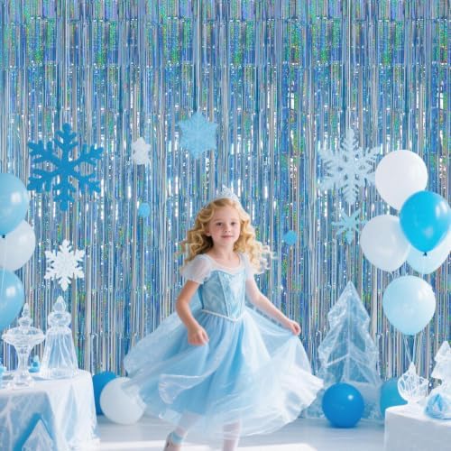 Light Blue Metallic Streamer Backdrop with Glitter Tinsel,3.28 x 6.56ft Foil Fringe Curtains for Gender Reveal & Ocean Theme Wall Hanging Party Supplies, Birthday/Wedding/Photoshoot - Image 3