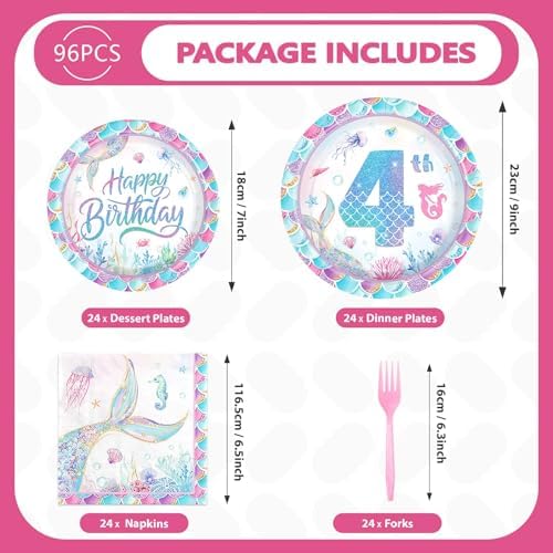 Greencian 96Pcs 4th Mermaid Birthday Party Decoration for Girls, Serve 24 - Image 3