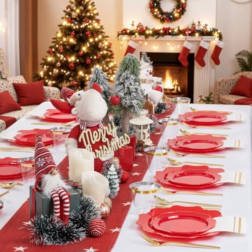 WDF 175Pcs Red Plates - Red Plastic Plates with Gold Rim - Fancy Disposable Dinnerware Sets Ideal for Party/Wedding/Christmas/Holidays - Image 6