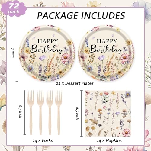 72Pcs Fall Wildflower Plates and Napkins, Floral Birthday Party Supplies Autumn Wildflower Paper Plates and Napkins Forks Tableware Decorations for Fall Picnic Tea Party Baby Shower Birthday, Serve 24 - Image 2