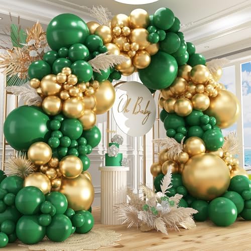 412Pcs Green and Gold Balloon Arch Kit, 18 12 10 5 Inch Different Size Latex Balloons Dark Green and Gold Party Balloons for Birthday Graduation Jungle Party Decorations by PAXILE