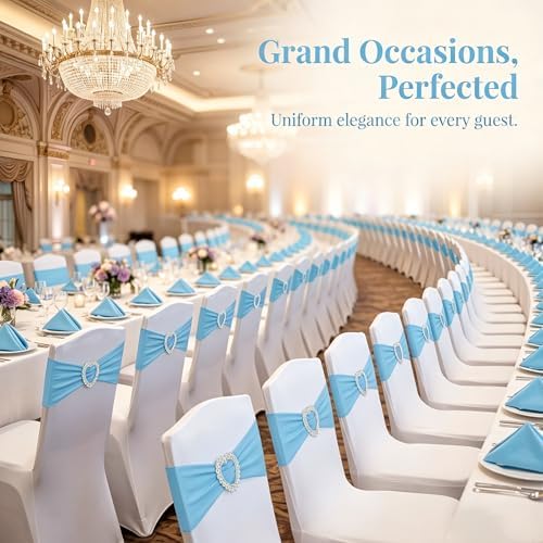 150PCS Spandex Stretch Chair Sashes with Buckle Slider, Elastic Chair Cover Bands Bows for Wedding Party Reception Events Universal Ceremony Banquet Decorations (Sky Blue) - Image 6