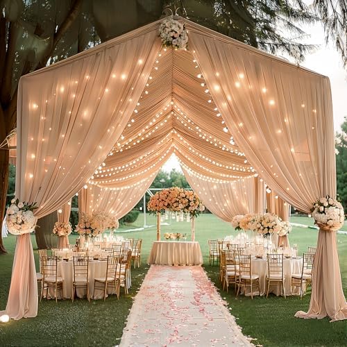 6 Panels Deep Champagne Ceiling Curtains with Lights for Weddings - 5ftx30ft Wrinkle-Free Tulle Fabric Wedding Arch Draping Ceiling Drapes Decorations for Wedding Party Ceremony Stage Tent Event - Image 5