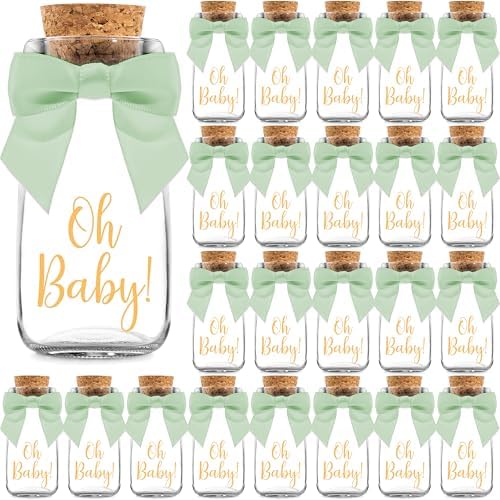 Ethisa Vintage 24 Pack Oh Baby Woodland Milk Glass Bottles with Ribbons and Stickers - Classy Baby Shower Favors for Guests and Table Centerpieces - Gender Neutral Eucalyptus Decoration - Safari Theme by Ethisa