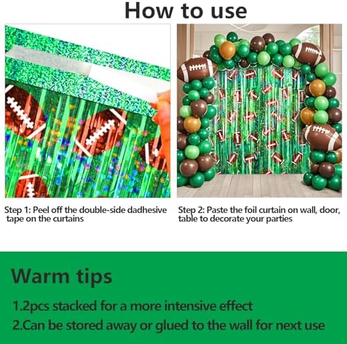 2 Packs Football Foil Fringe Curtain, Green Glitter Metallic Tinsel Backdrop for Birthday, Baby Shower, Super Bowl, Football Party Decorations Supplies - Image 7