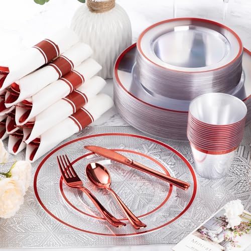 Goodluck 700 Pcs Clear Red Plastic Dinnerware Sets for Party for 100 Guests - Image 2