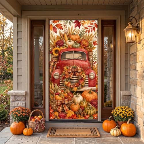 Fall Door Banner 35x71 Inch Autumn Harvest Door Backdrop Decor with Vintage Red Truck Pumpkins Sunflowers Maple Leaves Design for Front Porch Thanksgiving Farmhouse Hanging Home Decor - Image 4
