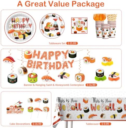 Xynic 215PCS Sushi Birthday Decorations, Sushi Party Set Serves 25 - Image 3