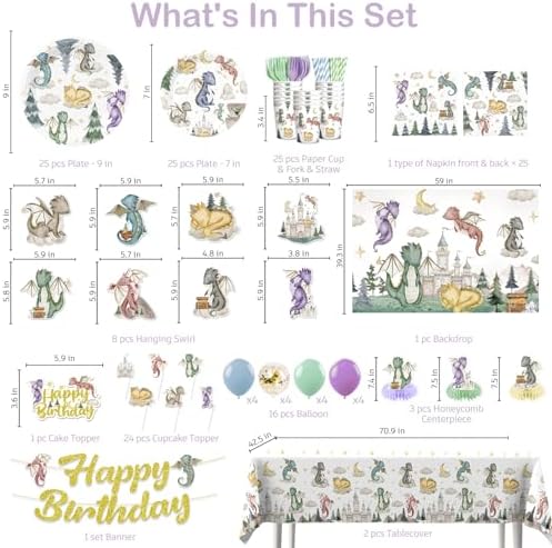 218Pcs Dragon Birthday Party Decorations Tableware Set Serves 25 Guests, Dragon Party Supplies Includes Banner, Backdrop, Plates, Tablecloth, Cake Topper, Cupcake Toppers - Image 2
