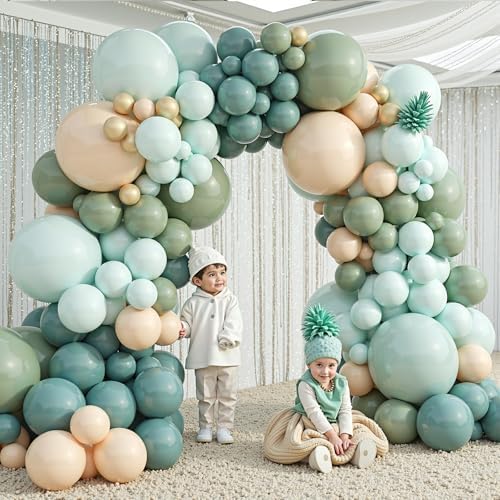 412Pcs Dusty Blue Green Balloon Garland Arch Kit,Haze Fog Blue Ash Mist Sage Green Sand White Gold Balloons Different Sizes Matte Latex Balloons for Baby Shower Birthday Wedding Party Decorations - Image 6