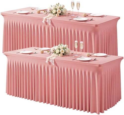 Wish Care 2 Pack Dusty Rose Spandex Table Clothes for 8 Foot Rectangle Tables, 8FT Wrinkle Free Fitted Tablecloths Ruffles Design Table Cloth for Party, Banquet, Wedding and Events by WishCare