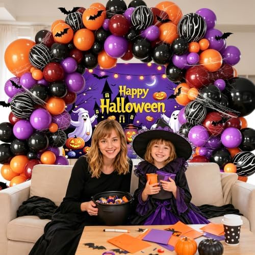 152Pcs Halloween Balloons Arch Kit with Halloween Backdrop and 3D Bat, Orange Black Purple Burgundy Balloons Garland Arch Kit for Spooky One Costume Halloween Birthday Party Decorations - Image 2