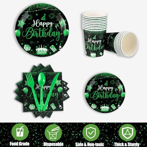 Vesici 171 Pcs Happy Birthday Party Supplies 24 Set Table, Black, Green - Image 3