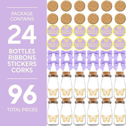 Ethisa Small 24 Pack Butterfly Party Favor Glass Bottles with Ribbons and Stickers - Vintage Baby Shower and Birthday Favors for Guests and Table Centerpieces Decorations - Purple Theme Candy Jar - Image 6