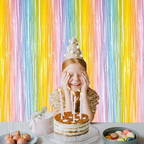 i-CHONY 2 Pcs 3.2ft x 8.2ft Rainbow Metallic Tinsel Foil Fringe Curtain Party Streamers Photo Booth Backdrop Prop for Wedding Holiday Baby Shower Bachelorette Party Decor - Image 2
