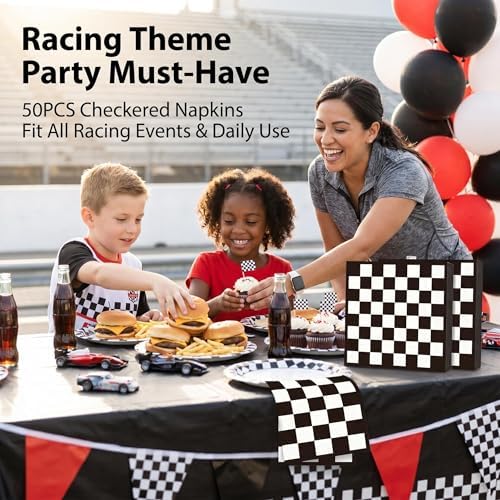 50PCS Black and White Checkered Flag Napkins 13 x 13 Inches, Race Car Paper Napkins Luncheon Dessert Cocktail Napkins Disposable for Racing Car Theme Baby Shower Birthday Party Decorations (Race Car) - Image 5