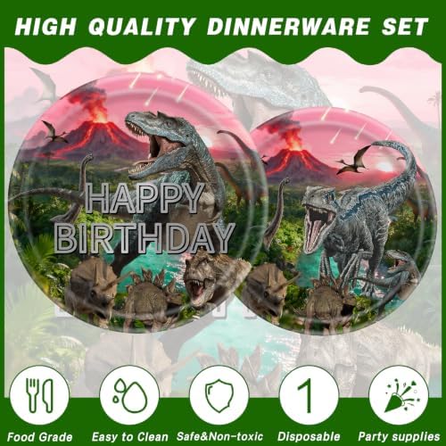 Dinosaur Party Decorations Plates Napkins Dino World Birthday Supplies Tableware Set Include Plates, Napkins, Cups, Forks, Straws, Balloon, Banner, Cake topper, Tablecloth for Serve 20 - Image 7
