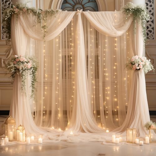 30ft x 8ft Champagne Backdrop Curtain Panels with Lights String for Parties, Sheer Tulle Wedding Backdrop Drapes for Baby Shower Birthday Party Home Decorations - Image 7